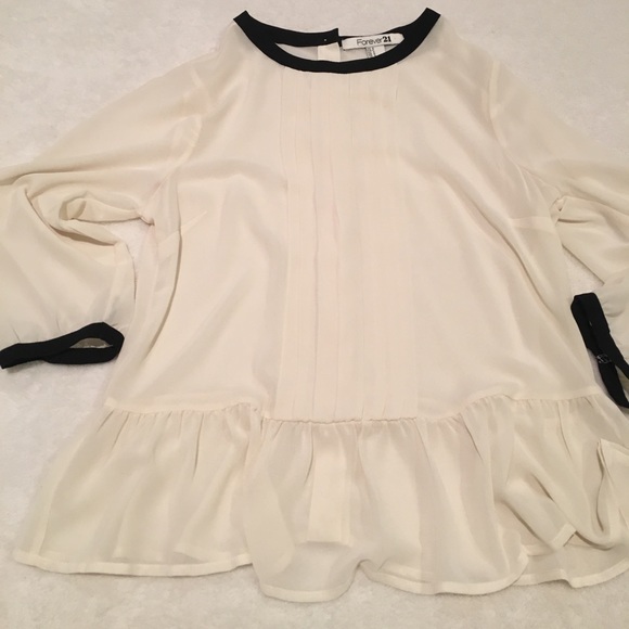 Forever 21 Tops - Sheer cream blouse with black trim and ruffle S